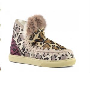 Mou Leopard Pony Hair Boots with Mink Fur Trim